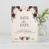 Burgund Navy Floral Boho Country Wedding Save The Date (Stehend Vorderseite)