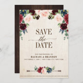 Burgund Navy Floral Boho Country Wedding Save The Date (Vorne/Hinten)