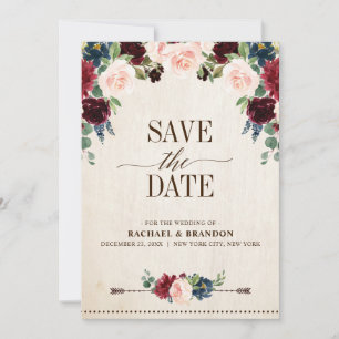Burgund Navy Floral Boho Country Wedding Save The Date