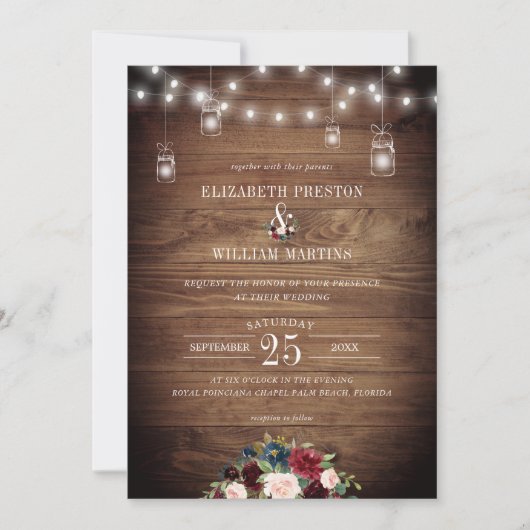 Burgund Navy Floral Rustic Barn Wood Wedding Einladung (Vorderseite)