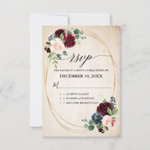 Burgund Navy Floral Rustic Boho Country Hochzeit RSVP Karte