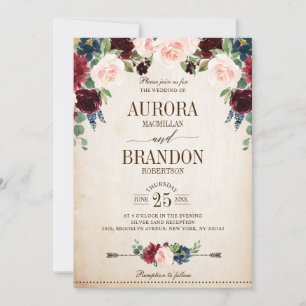 Burgund Navy Floral Rustic Country Wedding Einladung