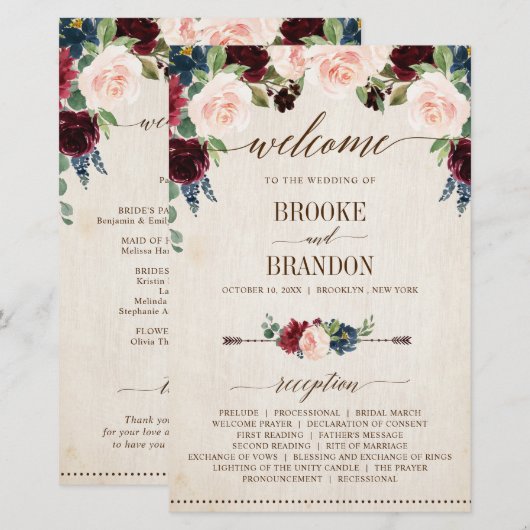 Burgund Navy Floral Rustikal Country Programm (Vorne/Hinten)