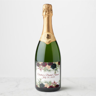 Burgund, Navy Floral Sparkling Wine Labels Schaumweinetikett