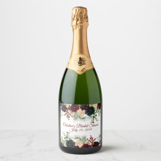 Burgund, Navy Floral Sparkling Wine Labels Schaumweinetikett (Vorderseite)
