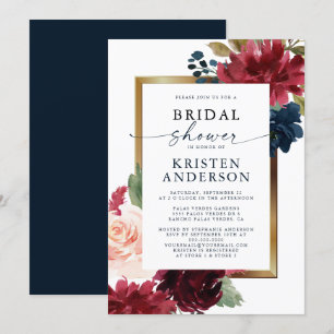 Burgund Navy Floral Watercolor Gold Brautparty Einladung