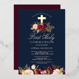 Burgund Navy Gold Kreuz Mädchen Erstkommunion Folieneinladung