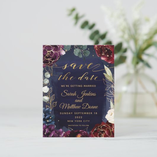 Burgund Navy Hochzeit speichern das Datum II Save The Date (Stehend Vorderseite)