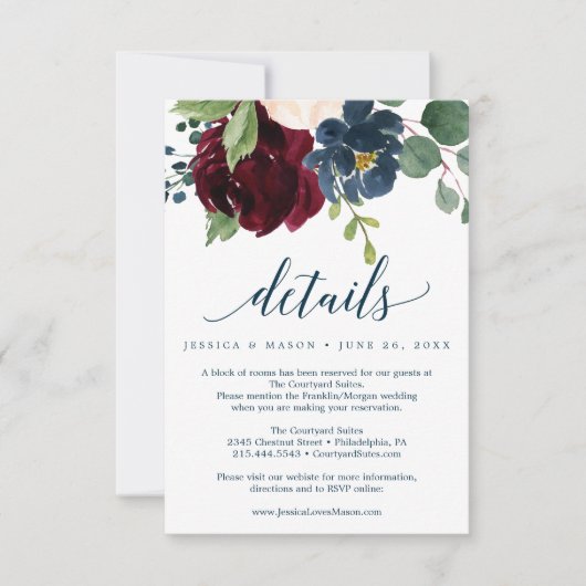 Burgund Navy-Hochzeitskarte Einladung (Vorderseite)