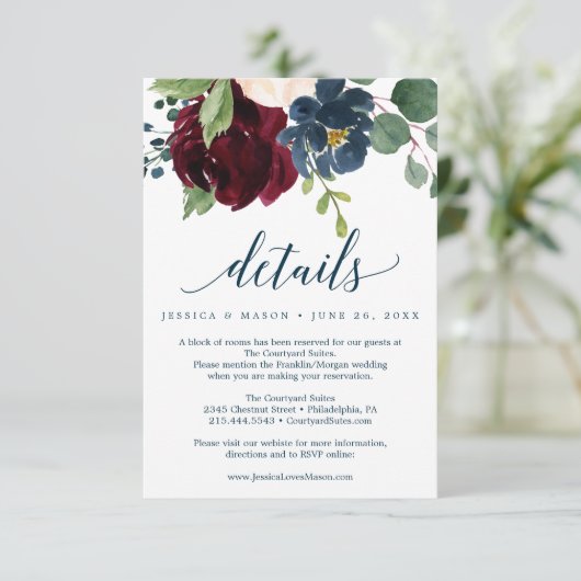 Burgund Navy-Hochzeitskarte Einladung (Stehend Vorderseite)