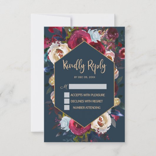 Burgund Navy Peach Floral Frame Wedding RSVP Karte (Vorderseite)