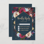 Burgund Navy Peach Floral Frame Wedding RSVP Karte (Vorne/Hinten)