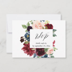 Burgund & Navy, Rosa Blüte mit Mahlzeiten RSVP Karte