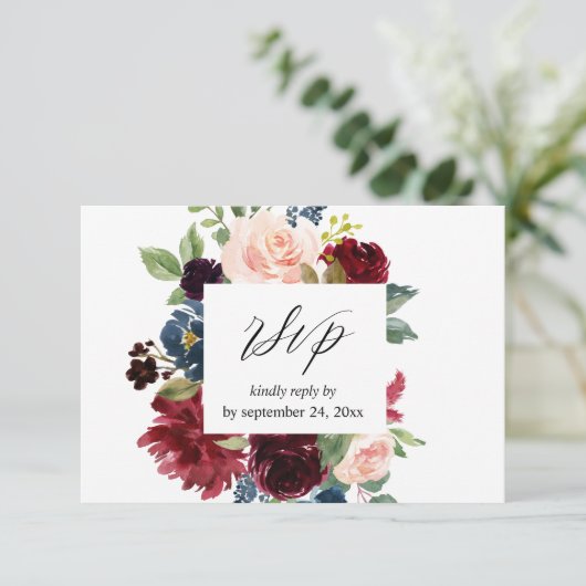 Burgund & Navy, Rosa Blüte mit UAWG RSVP Karte (Stehend Vorderseite)