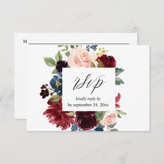 Burgund & Navy, Rosa Blüte mit UAWG RSVP Karte (Vorne/Hinten)