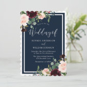 Burgund & Navy Roter Wein & Blush Blume Hochzeit Einladung (Stehend Vorderseite)
