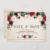 Burgund Navy Rustikales Land Save the Date Ankündigungspostkarte (Vorne/Hinten)