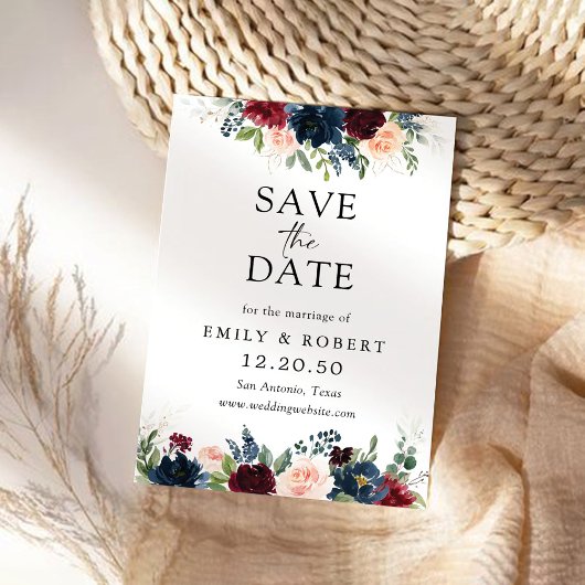 Burgund-Navy-Save the Date-Karte Save The Date