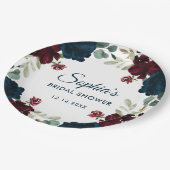 Burgund & Navyblaue Blumen Rustikale Brautparty Pappteller (Schrägansicht)