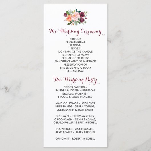 Burgund Orange Pink Blume Hochzeitsprogramm Programm (Rückseite)