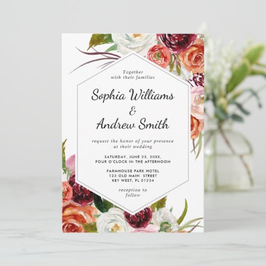 Burgund & Orange Rose Einladung zur Hochzeit mit B (Stehend Vorderseite)