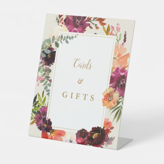 Burgund + Peach Watercolor Floral Wedding Sockelschild (Vorderseite)