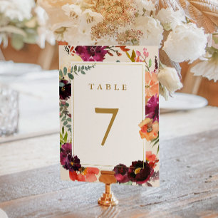 Burgund + Peach Watercolor Floral Wedding Tischnummer