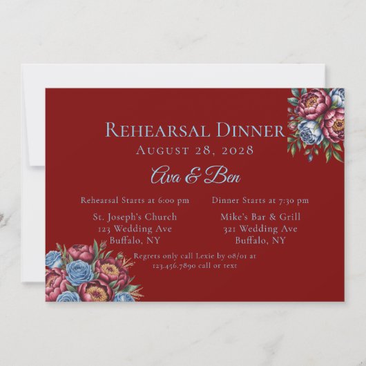 Burgund Peony and Blue Rose Probe Dinner Einladung (Vorderseite)