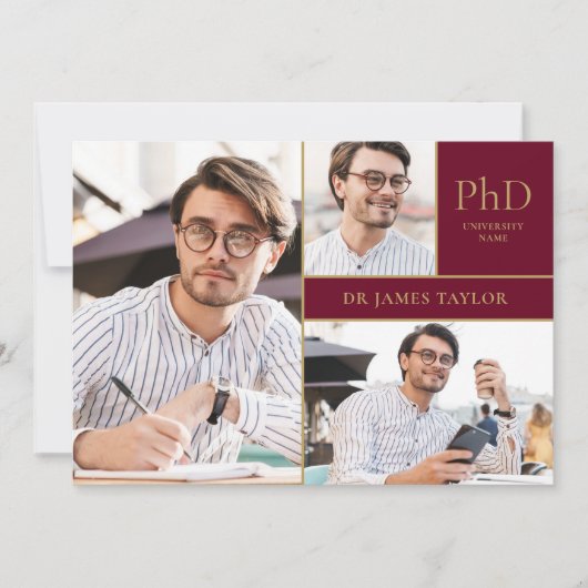 Burgund PhD Grad 3 Foto Graduation Party Einladung (Vorderseite)
