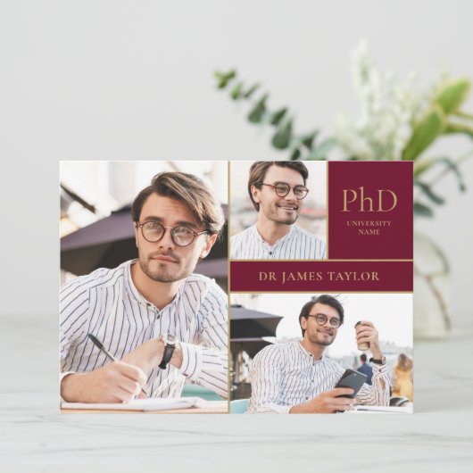 Burgund PhD Grad 3 Foto Graduation Party Einladung (Stehend Vorderseite)