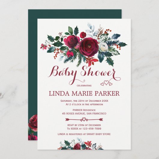 Burgund Pine grüne Blütendusche Einladung (Vorne/Hinten)