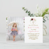 Burgund Pink Bläserkreuz Foto Taufe Einladung (Stehend Vorderseite)