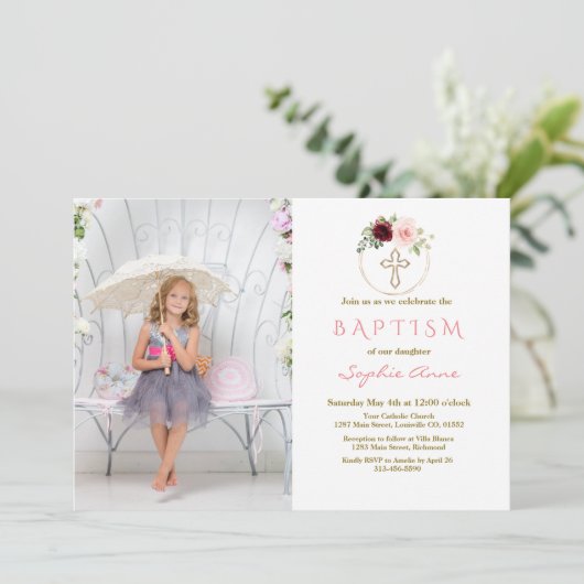 Burgund Pink Bläserkreuz Foto Taufe Einladung (Stehend Vorderseite)