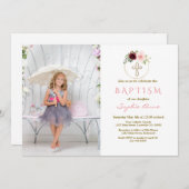 Burgund Pink Bläserkreuz Foto Taufe Einladung (Vorne/Hinten)