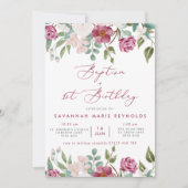 Burgund & Pink Bläsertaufen & 1. Geburtstag Einladung (Vorderseite)