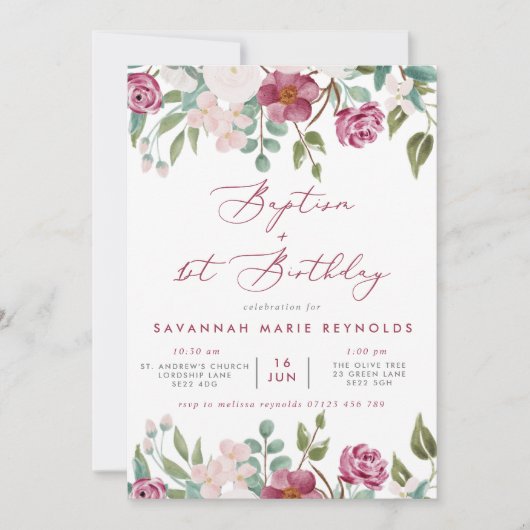 Burgund & Pink Bläsertaufen & 1. Geburtstag Einladung (Vorderseite)