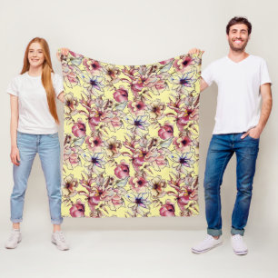 Burgund Pink Blauer Blumengarten Wasserfarbe Fleecedecke