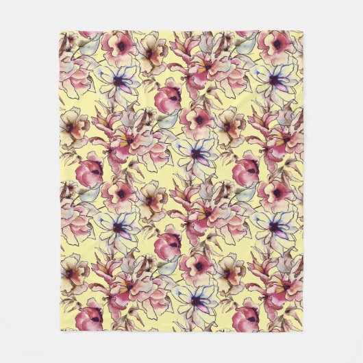 Burgund Pink Blauer Blumengarten Wasserfarbe Fleecedecke (Vorderseite)