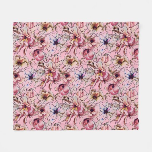 Burgund Pink Blauer Blumengarten Wasserfarbe Fleecedecke (Vorderseite (Horizontal))