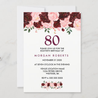 Burgund & Pink Blume 80. Geburtstag Einladung