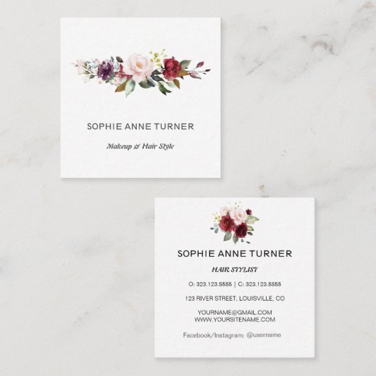 Burgund Pink Blume Beruflich Schönheitssalon Quadratische Visitenkarte (Vorne/Hinten)