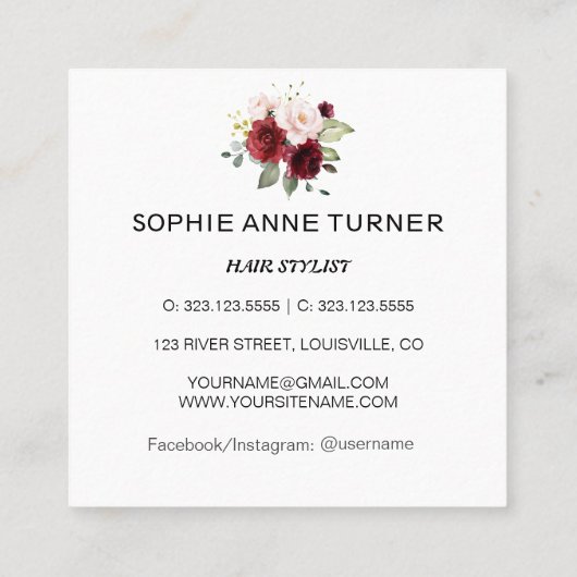 Burgund Pink Blume Beruflich Schönheitssalon Quadratische Visitenkarte (Rückseite)