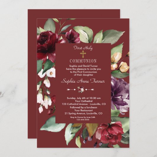 Burgund Pink Blume Gold Erste Heilige Kommune Einladung (Vorne/Hinten)