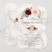 Burgund Pink Blume Marble Bridal Tee Party Einladung (Vorne/Hinten)