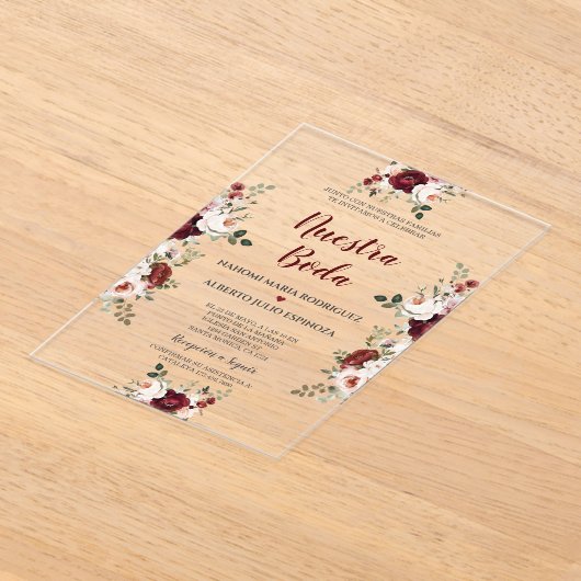 Burgund Pink Blume Nuestra Boda Acryleinladungen (Ablage )