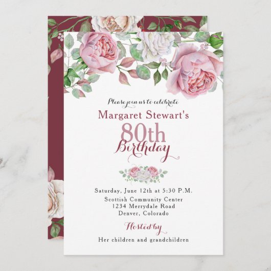 Burgund Pink Country Rose 80. Geburtstag Einladung (Vorne/Hinten)