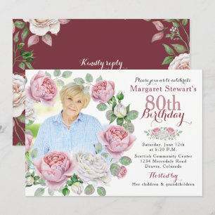 Burgund Pink Country Rose Wreath Foto Geburtstag Einladung