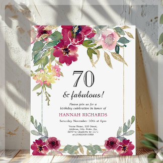 Burgund Pink Floral 70. Geburtstag Einladung