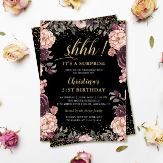 Burgund Pink Floral Black Überraschung Geburtstags Einladung