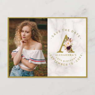 Burgund Pink Floral Foto Geburtstag Save the Date Postkarte